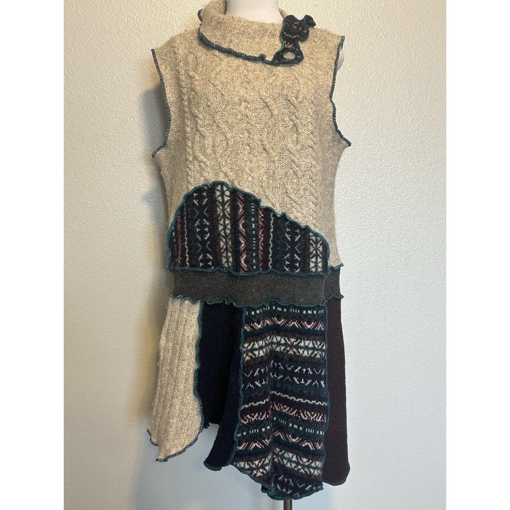 Wildly Wearable Upcycled Wool Cashmere Patchwork Sweater Tunic‎ Handmade Dress L